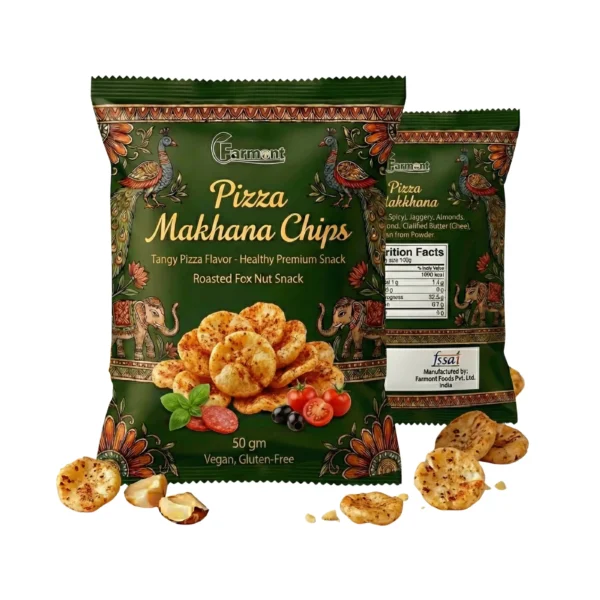 Pizza flavored roasted makhana chips in red premium pack