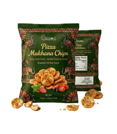 Pizza flavored roasted makhana chips in red premium pack