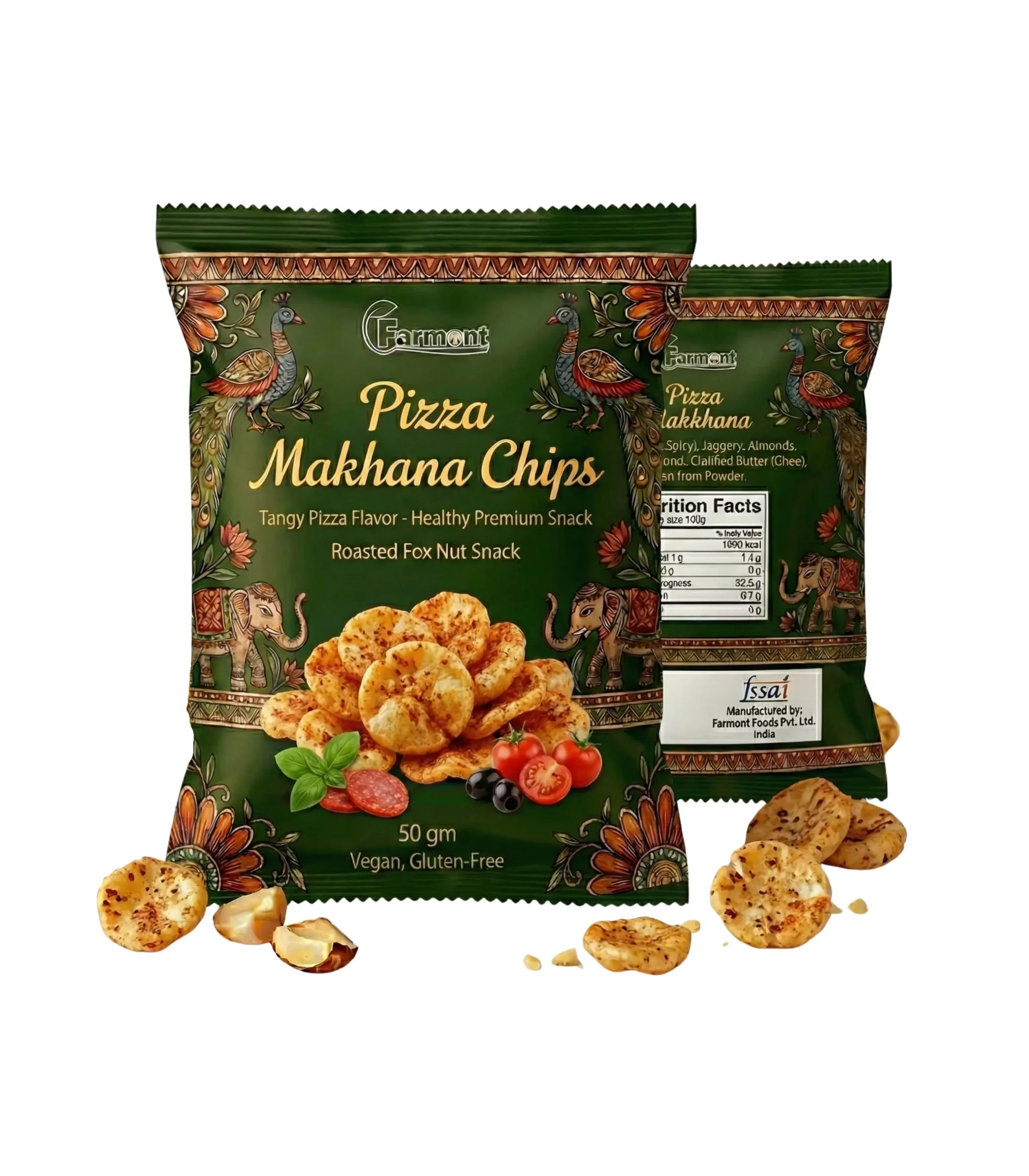 Pizza flavored roasted makhana chips in red premium pack