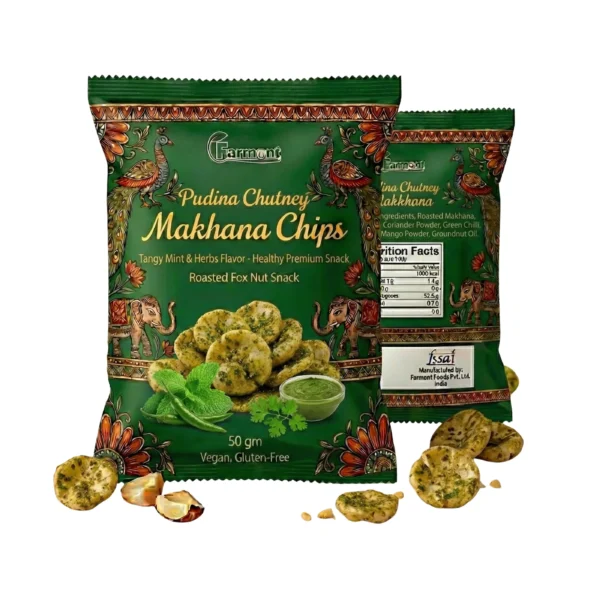 Crispy roasted pudina makhana chips in premium green pouch