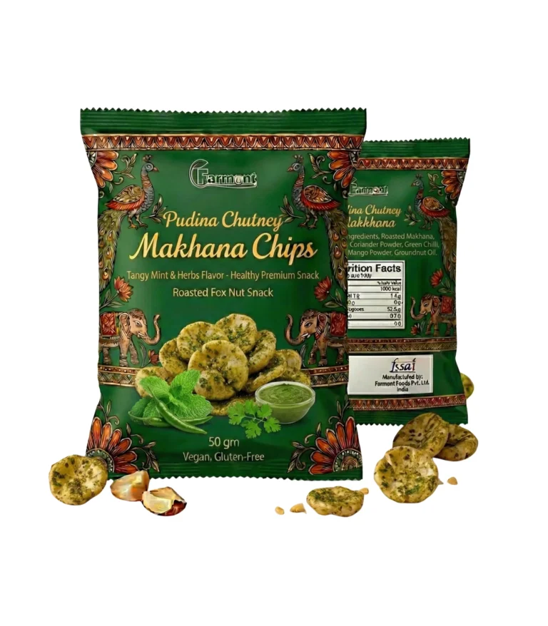 Crispy roasted pudina makhana chips in premium green pouch